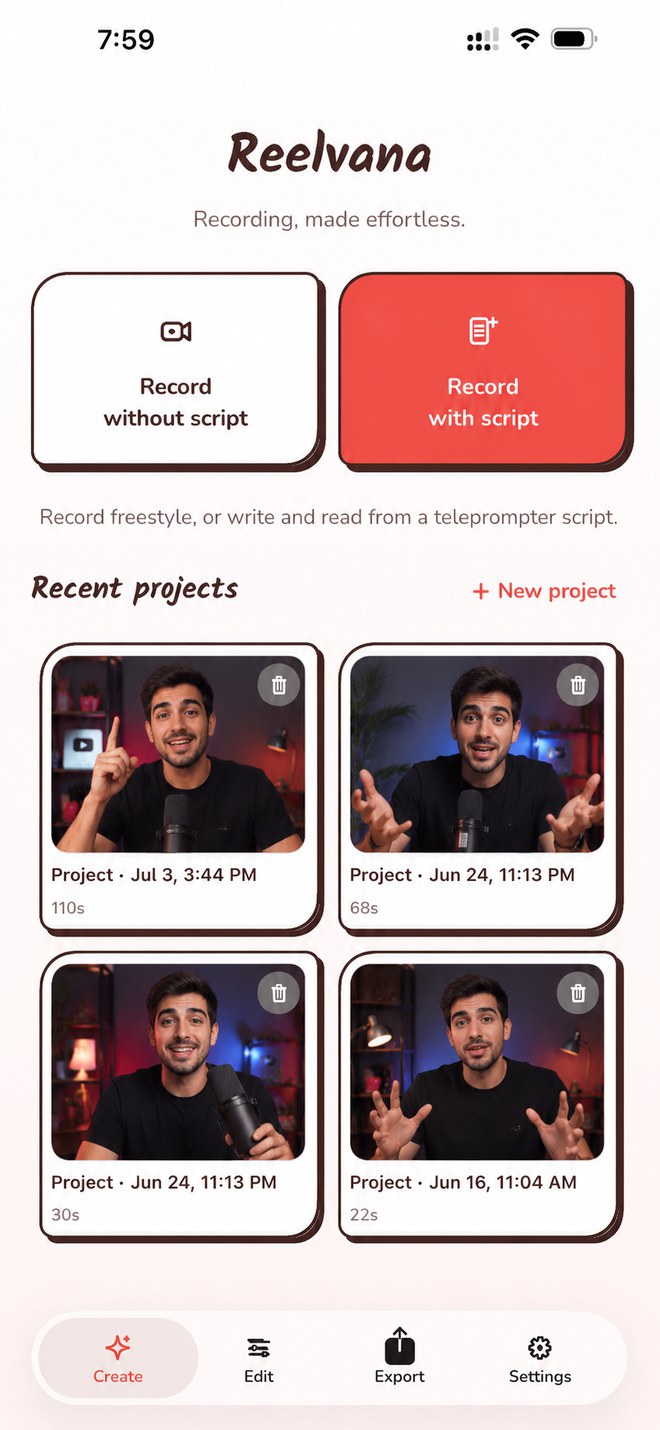 Reelvana record-first home screen with the big record button