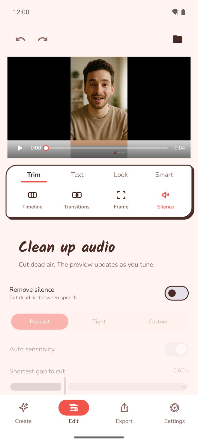 Reelvana silence cleanup panel with presets and sensitivity sliders