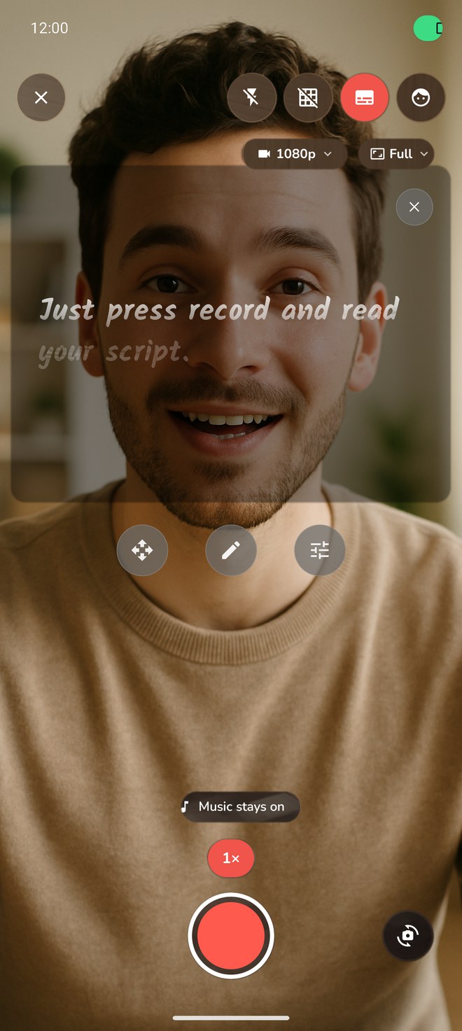Reelvana floating teleprompter overlay with speed, font size, and text color controls