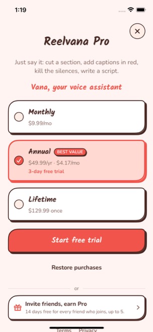 Reelvana Pro paywall showing Vana as an included feature