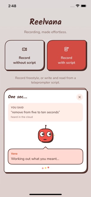 Vana thinking, showing the transcript and a processing animation